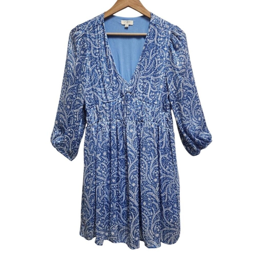 Umgee Blue Paisley Metallic Deep V Neck Shirred 3/4 Slv Mini Dress Sz S Flare